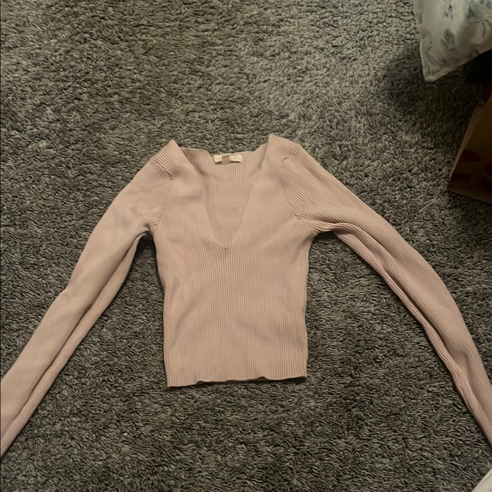 Women's Pink V-Neck Ribbed Top